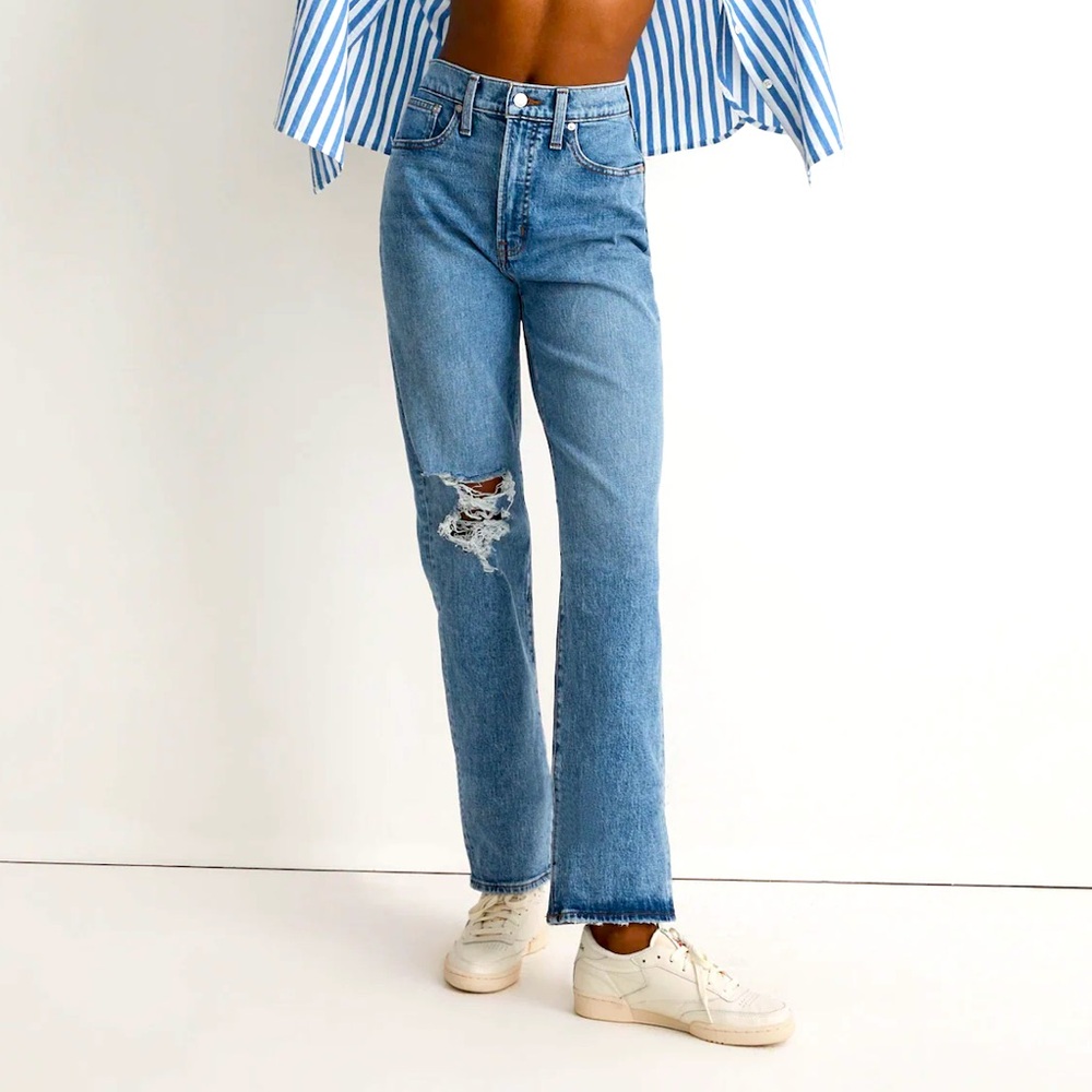 NWT Madewell 25 Petite Perfect Vintage Straight Jean Knee Rip in Kingsbury Wash